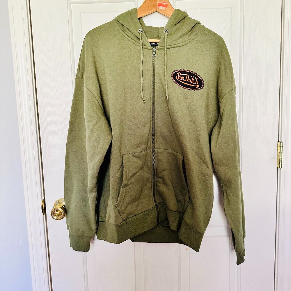 VON DUTCH GREEN EMBROIDERED LONG SLEEVE FULL ZIP SWEATSHIRT HOODIE LARGE UNISEX